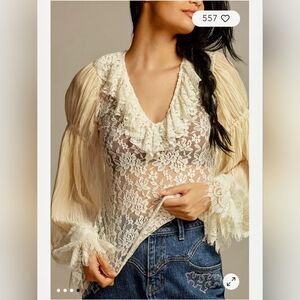 Anthropologie Beige And Cream Sheer Lace Blouse NWT